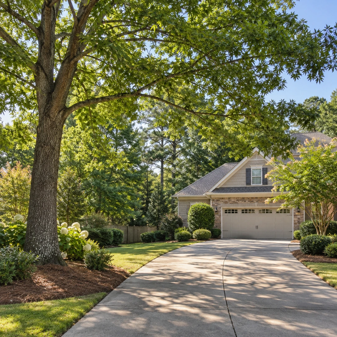Intact leafy branches above an empty driveway