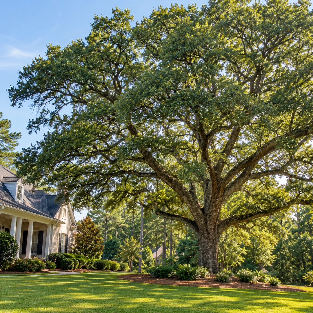 Broad intact tree crown beside a residential lawn
