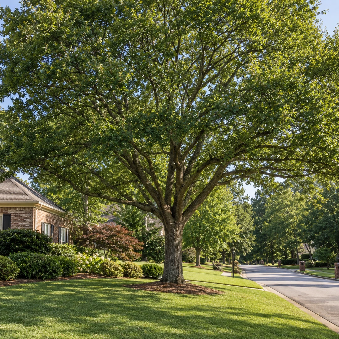 Full tree canopy beside a lawn and residential street