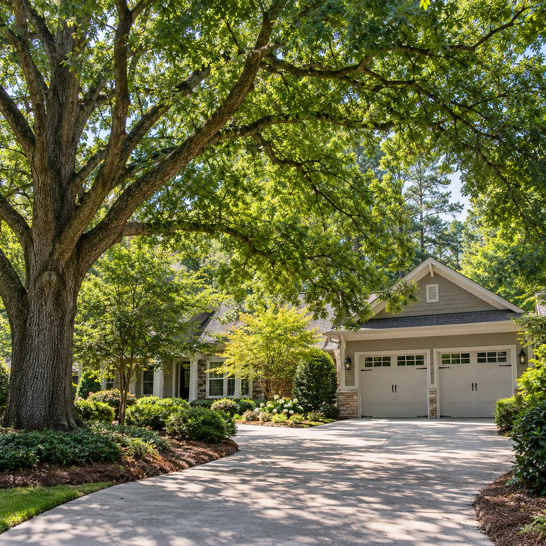 Leafy branches above a driveway and garage