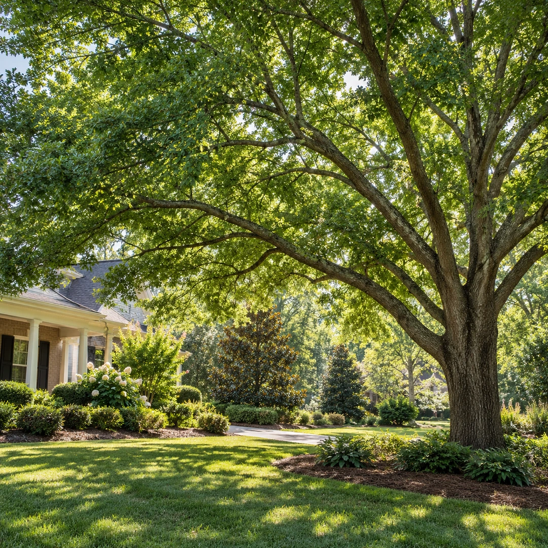Full leafy canopy above a sunny lawn