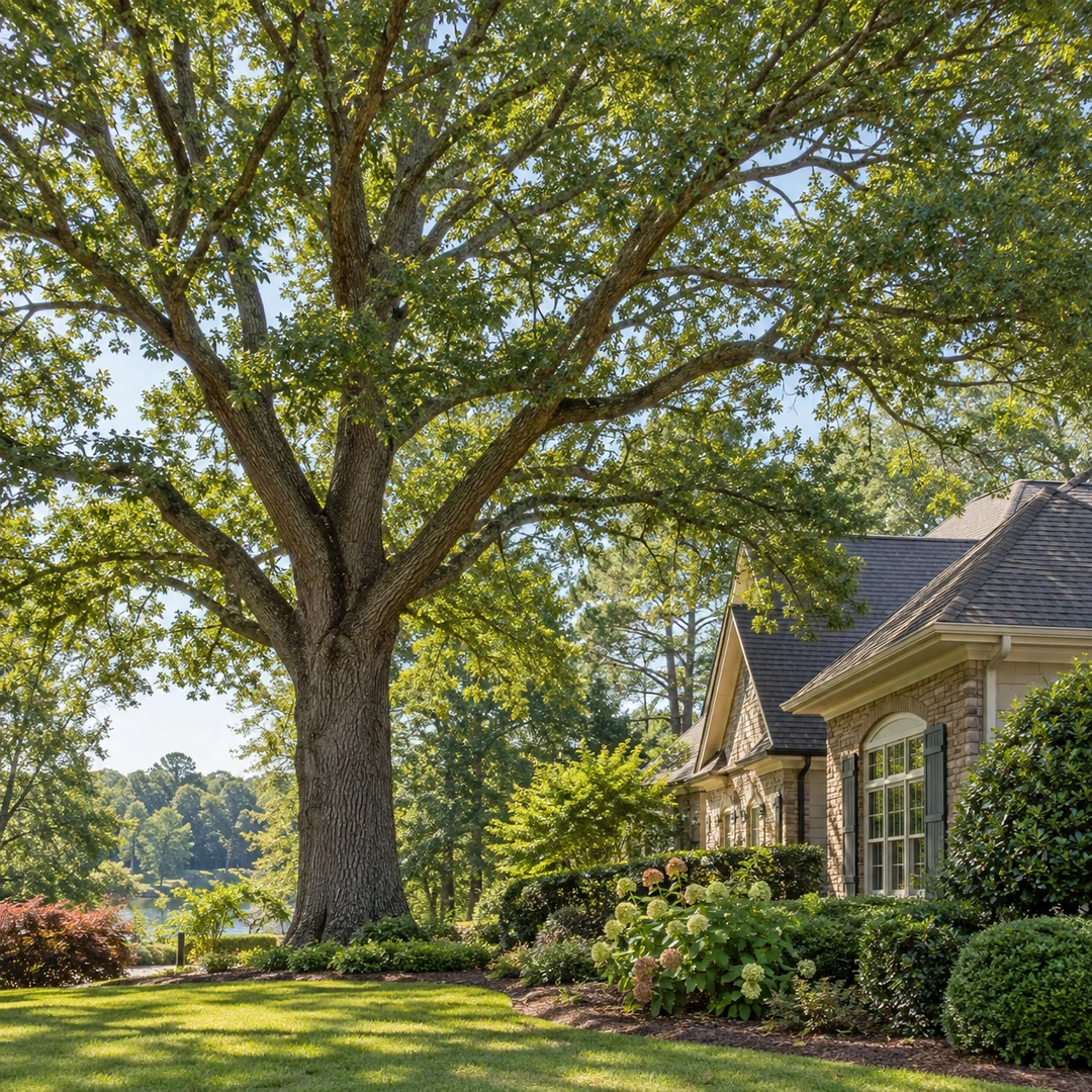 Mature oak beside a roof and garden