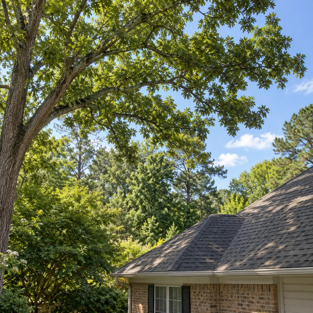 Leafy branches above an asphalt shingle roof