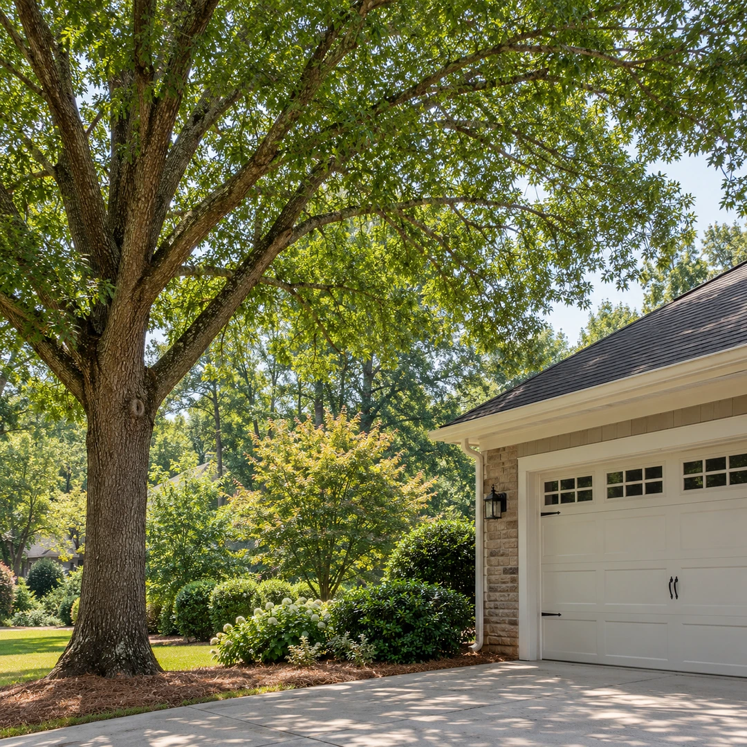 Intact tree branches separated from a garage roof