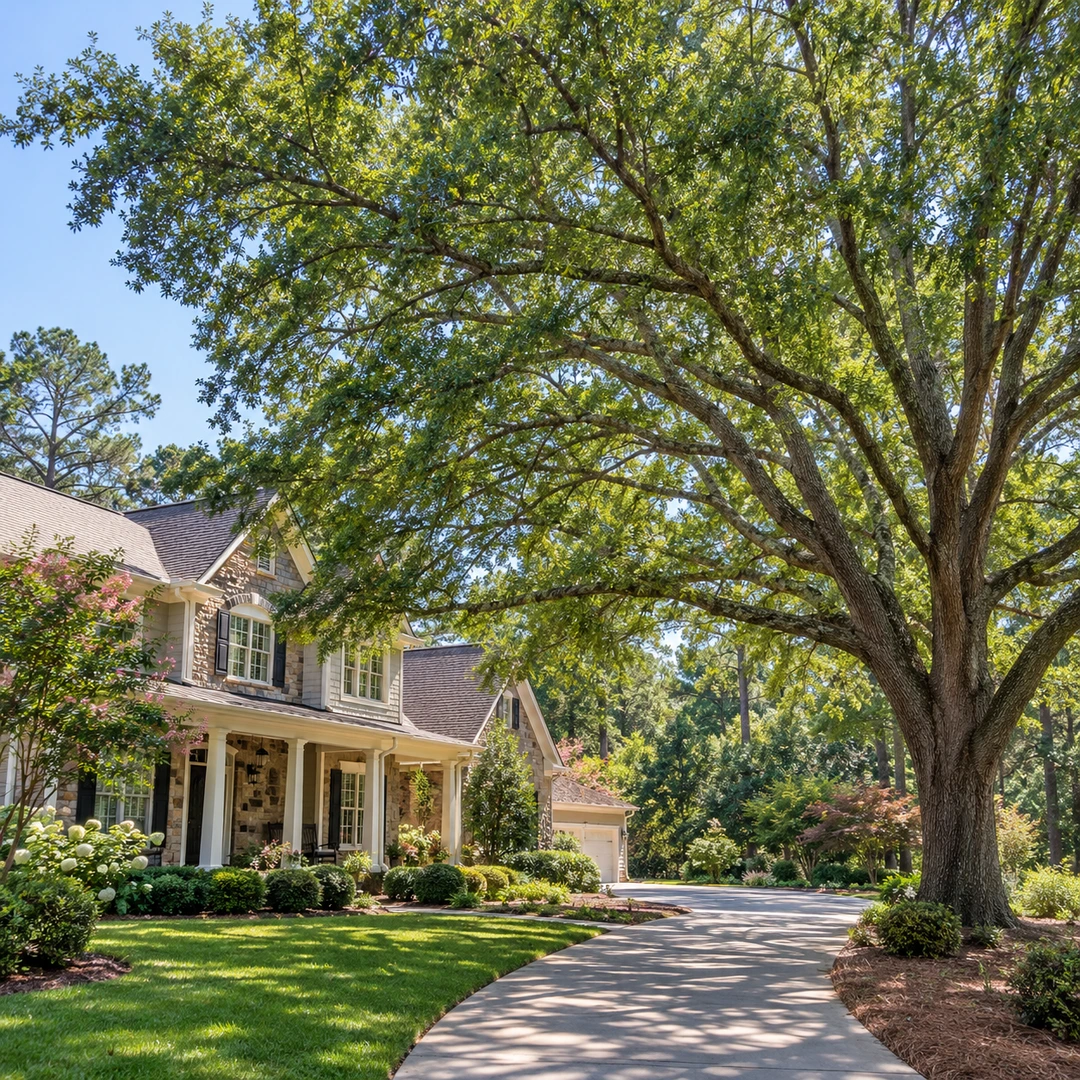 Intact tree crown beside a house and driveway