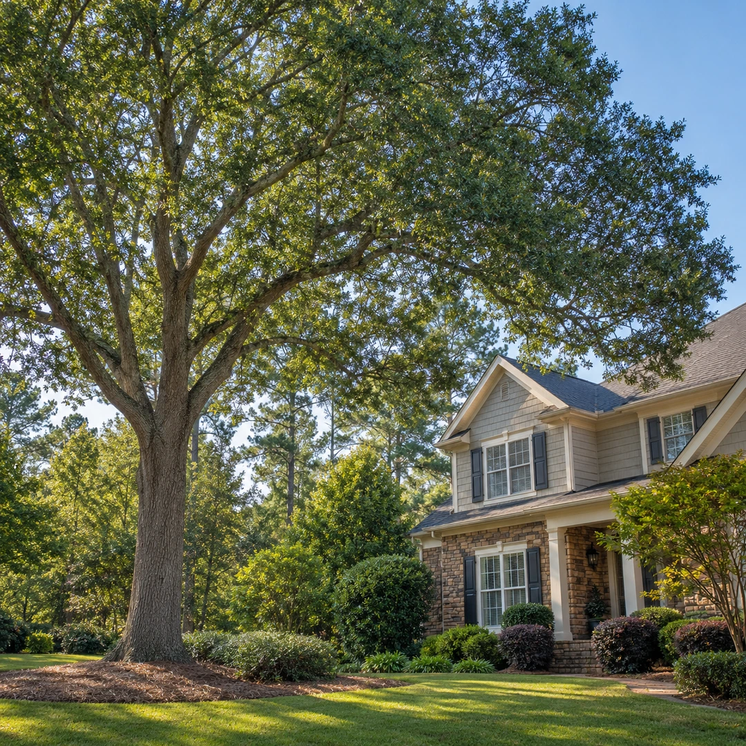 Mature tree beside a house with separated roofline and foliage