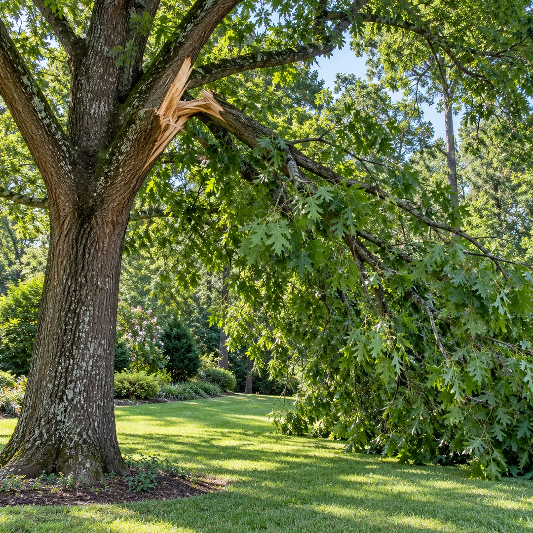 Split hanging branch within a mature tree