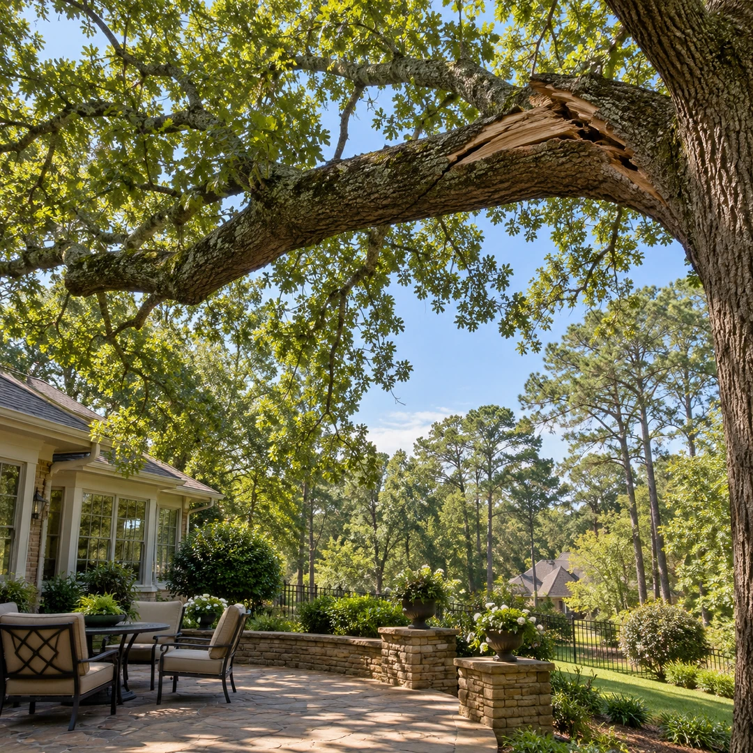 Cracked oak limb above an empty residential patio