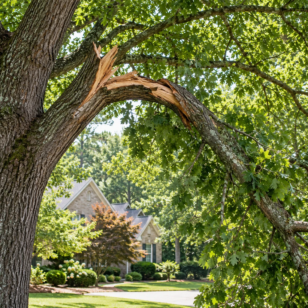 Split hanging branch within a leafy tree canopy
