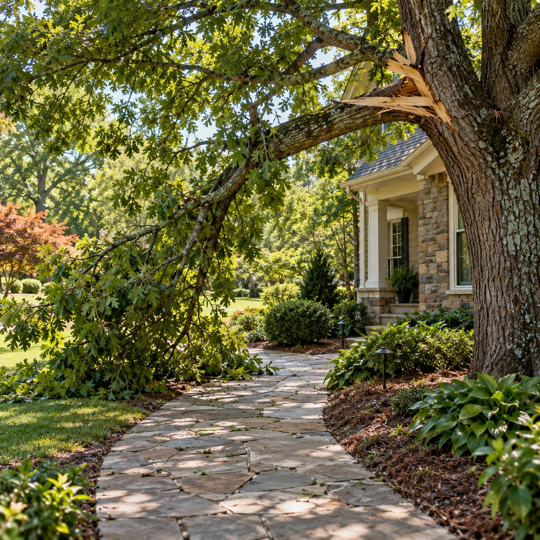 Empty stone walkway beneath a damaged branch