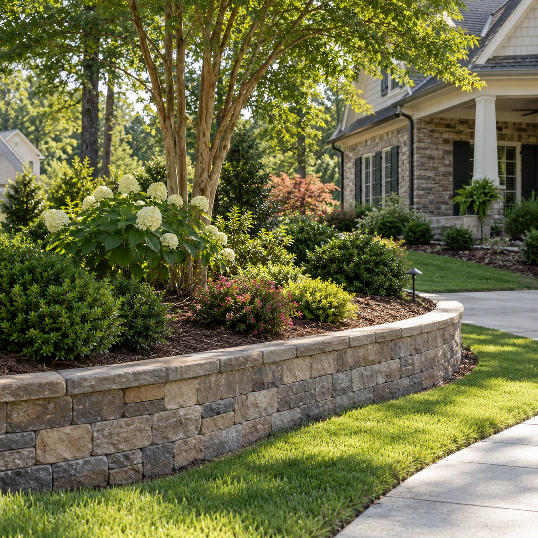 Curved low block wall supporting a planted bed