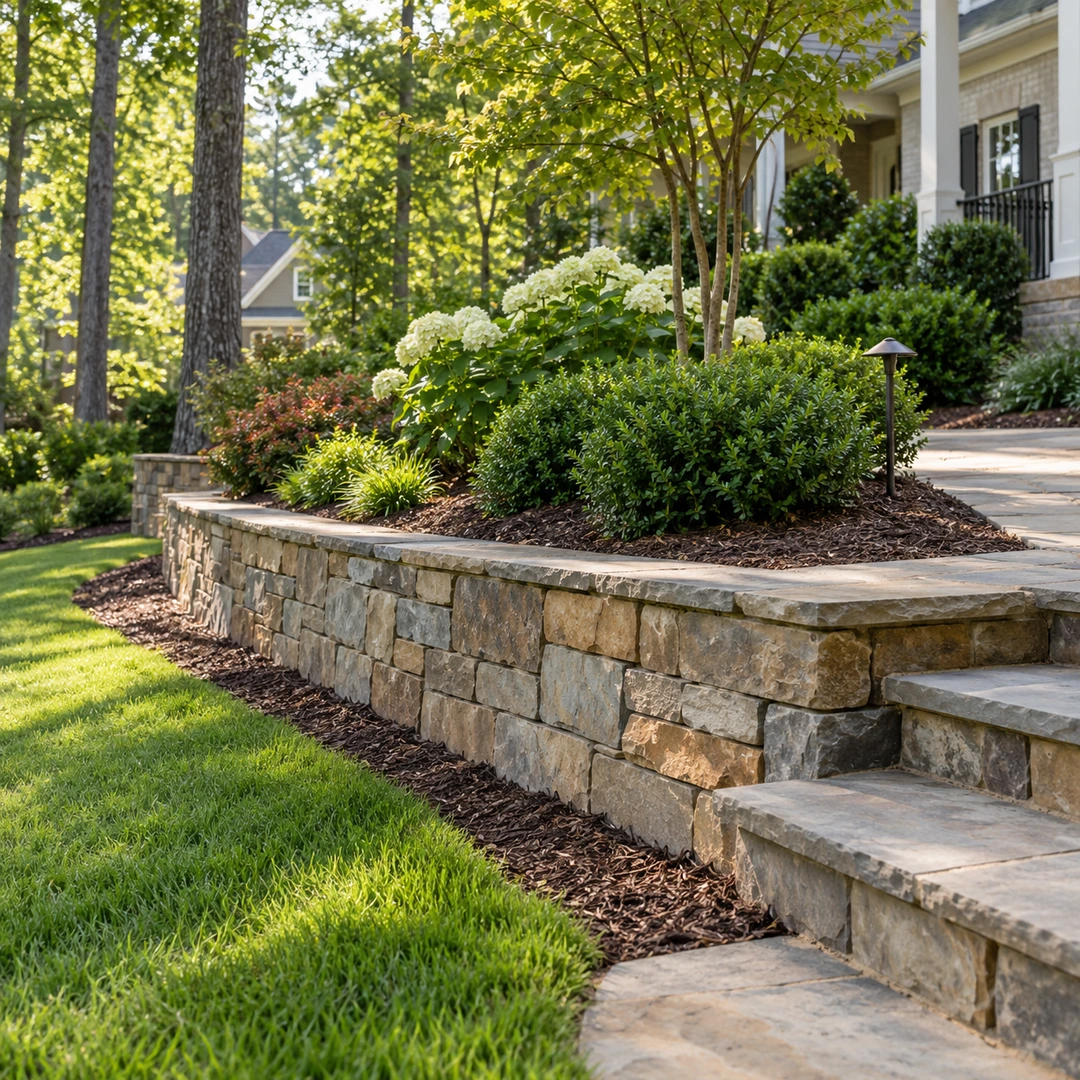Low garden wall beside a grade transition