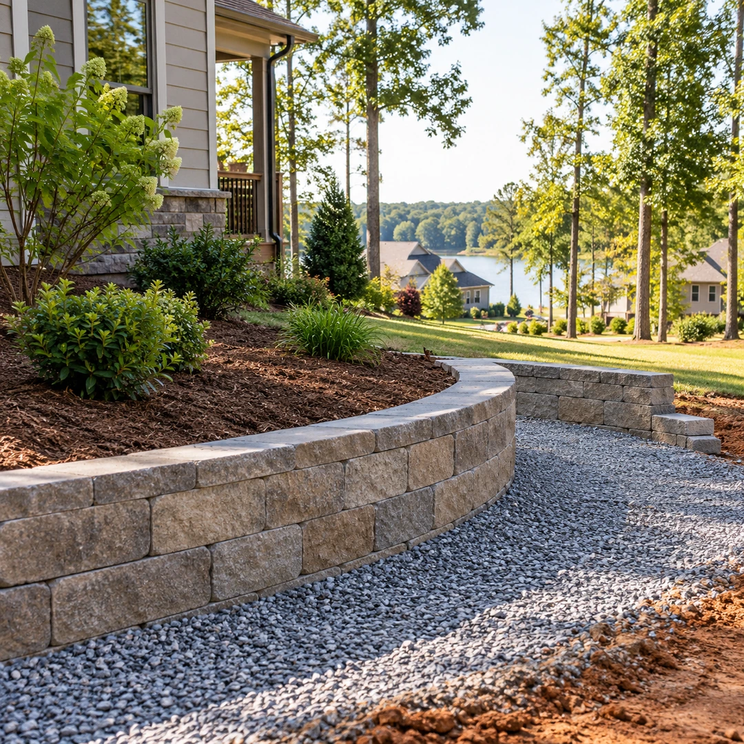 Landscape wall beside a gravel work area