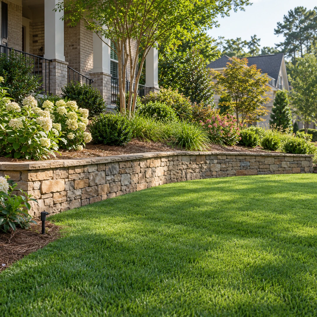 Low wall supporting planted soil above a lawn
