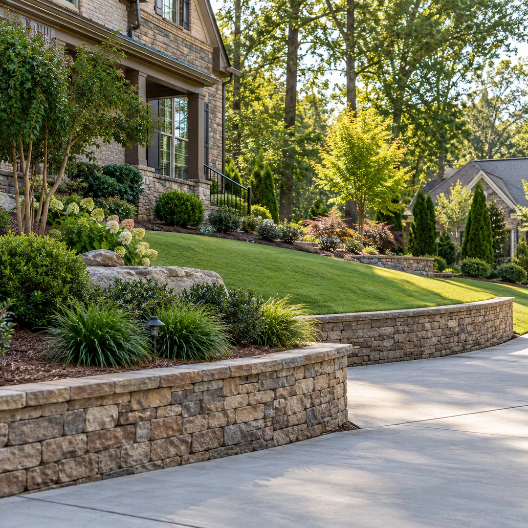 Landscape wall supporting a sloped yard beside a driveway
