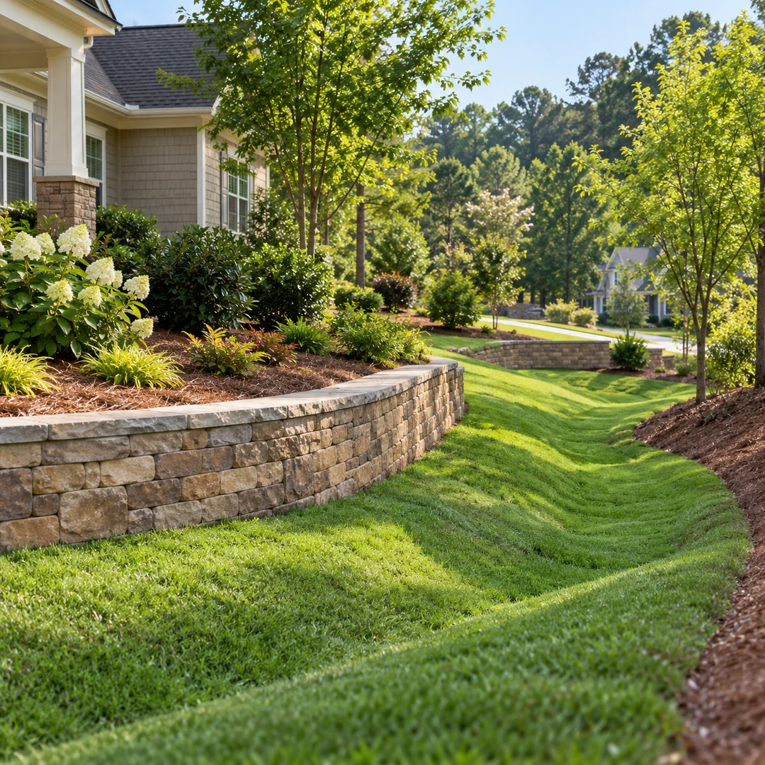 Grass swale around a finished landscape wall