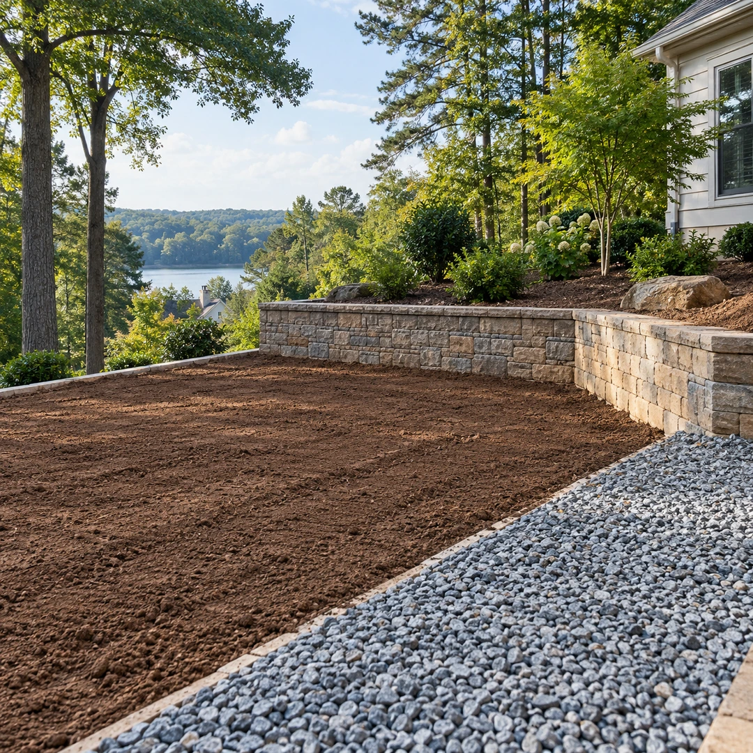 Prepared soil beside a low wall and gravel