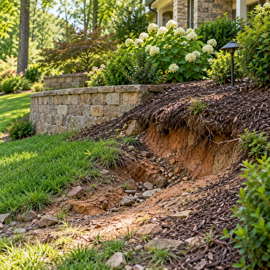 Localized soil erosion at a sloped garden edge