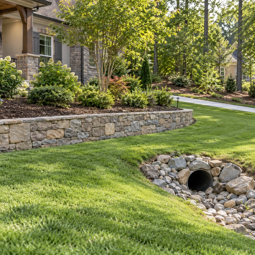 Finished wall with a stone protected drainage outlet