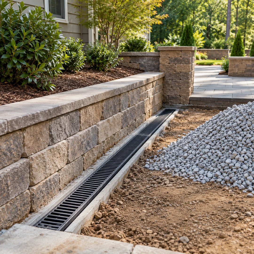 Surface channel drain beside a wall and staged gravel