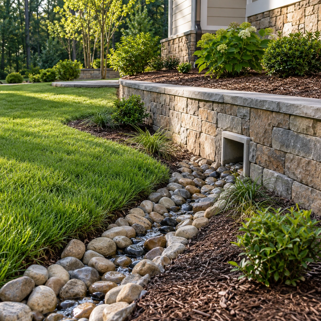 Stone surface drainage path beside a wall outlet