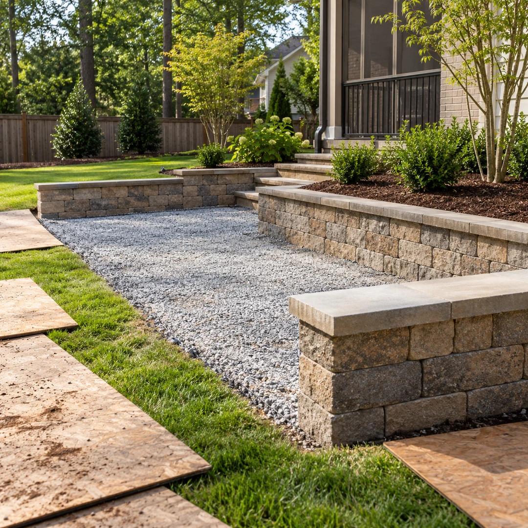 Low wall work area with gravel and protected lawn