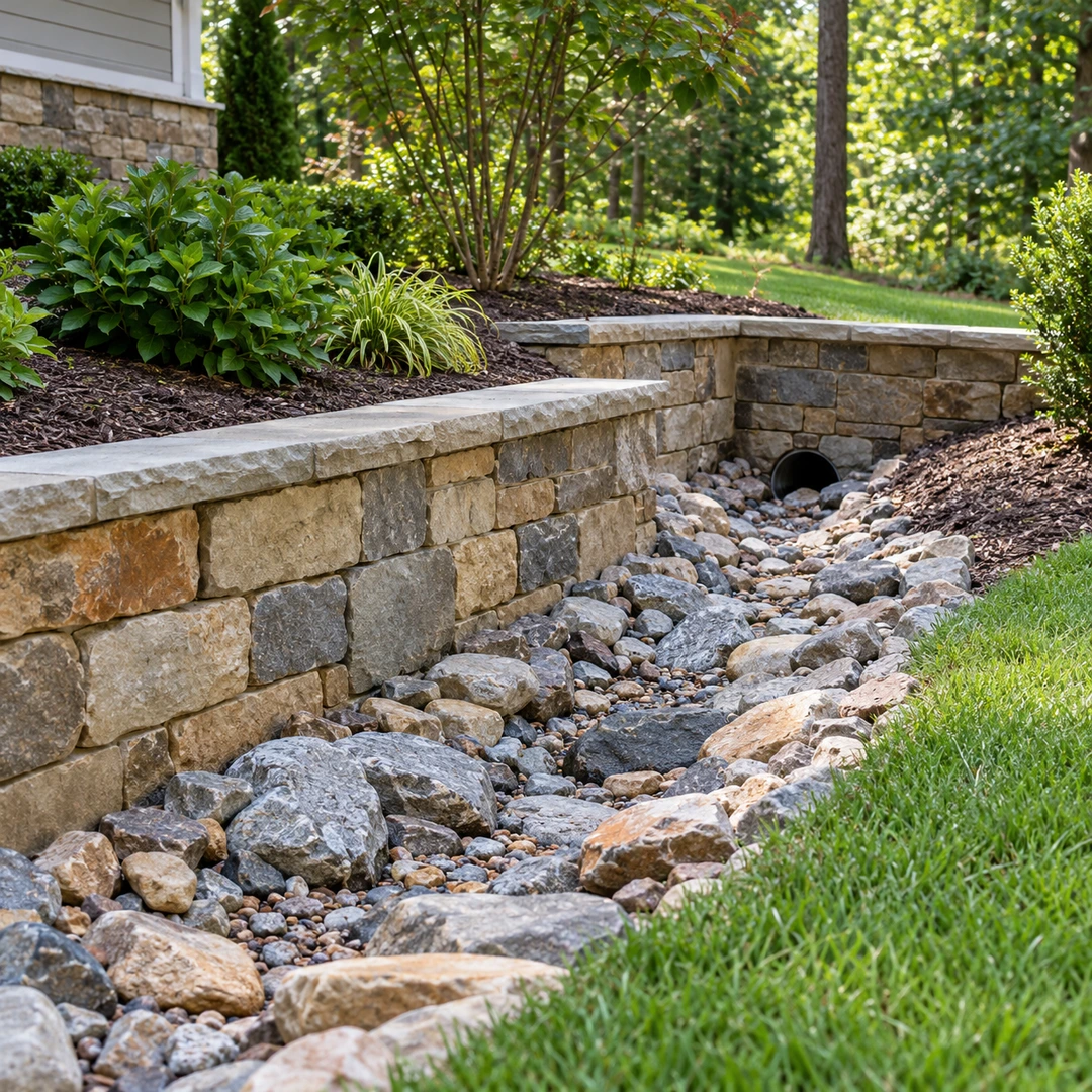 Stone drainage swale around a low landscape wall