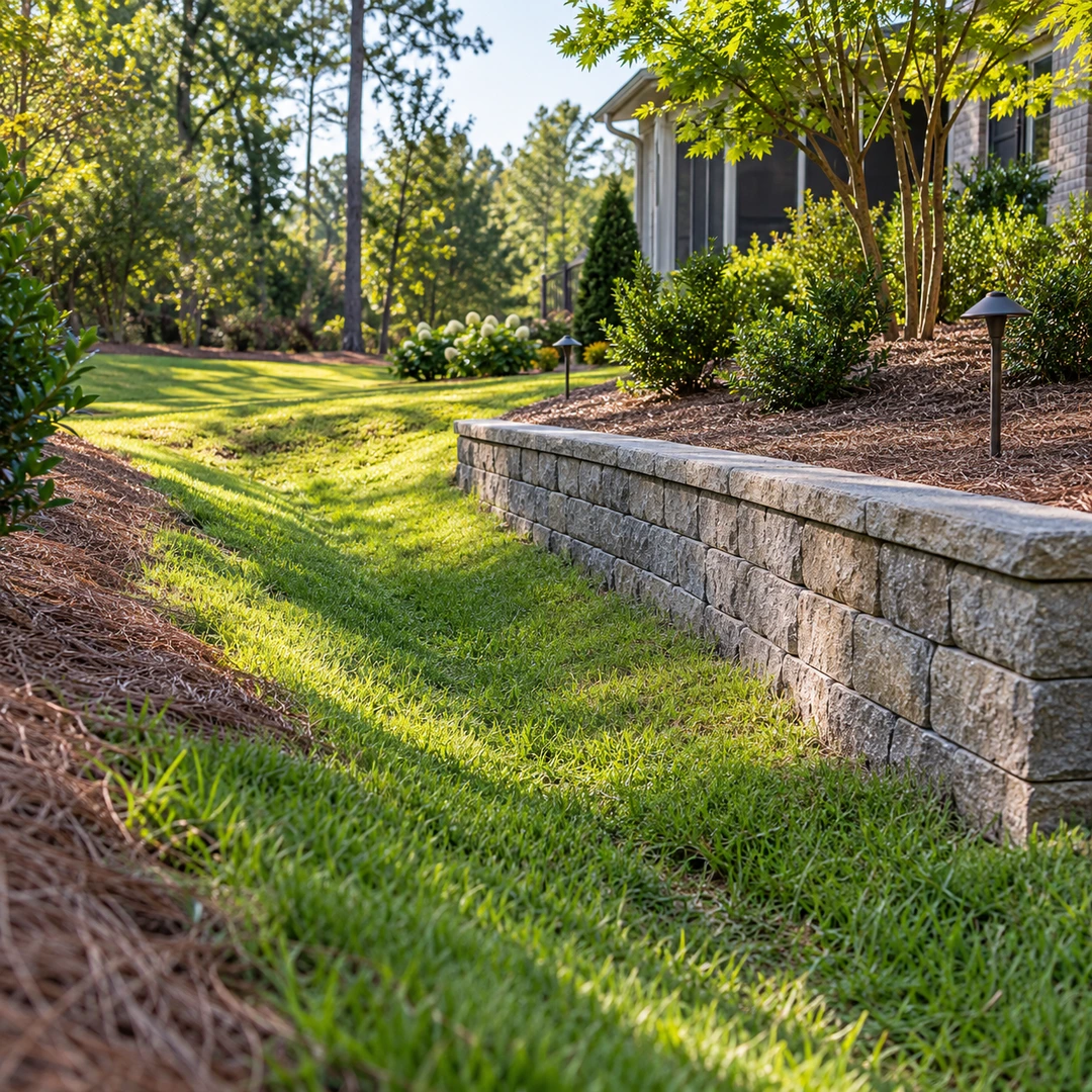 Grass swale beside a low retaining wall