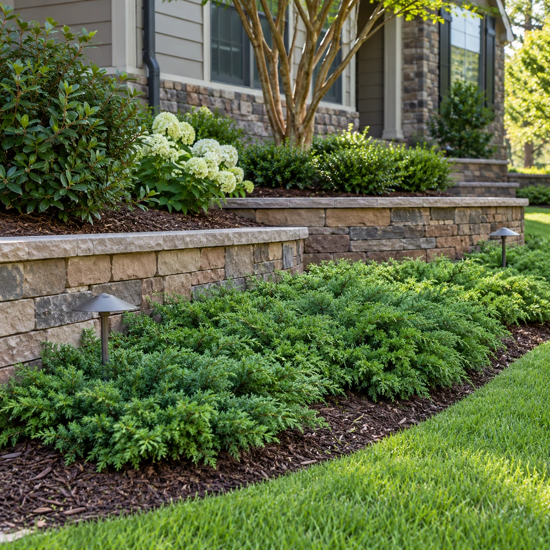Groundcover protecting soil above a finished wall