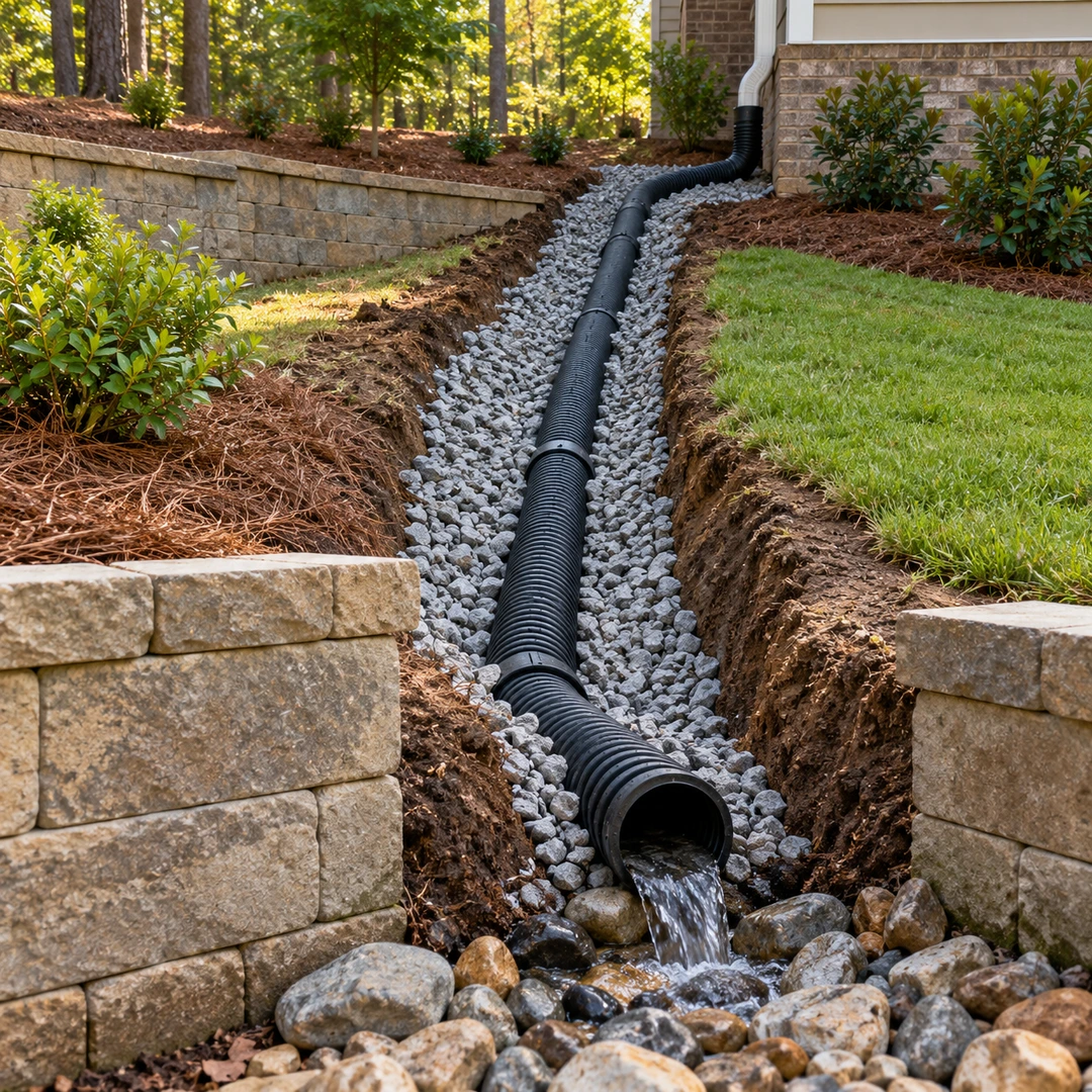 Connected French drain pipe within a gravel trench