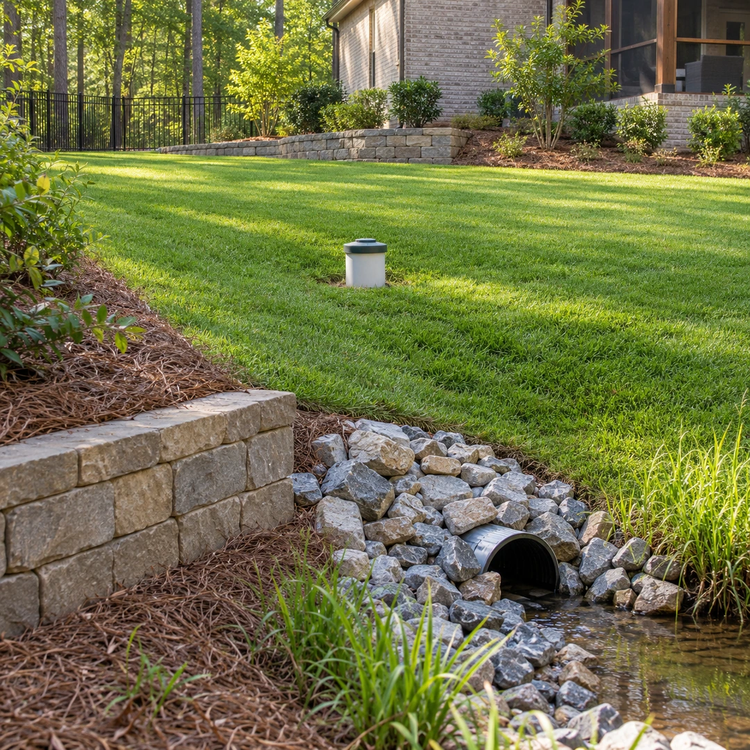Lawn cleanout and stone protected drain outlet