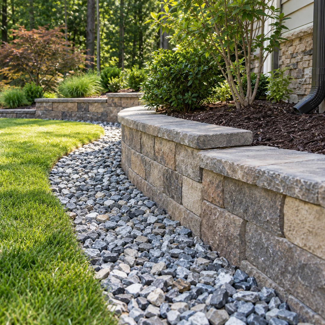 Clear gravel drainage route around a wall