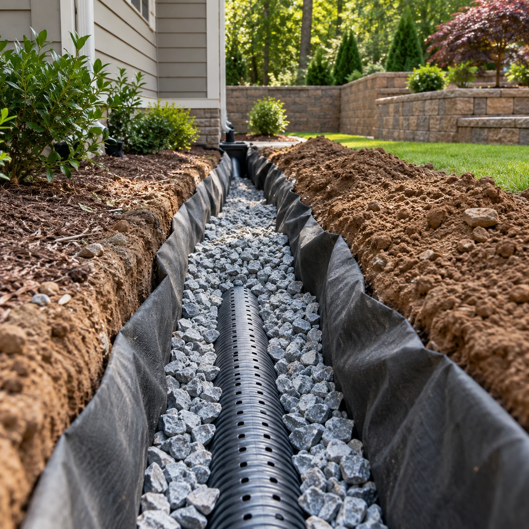 French drain trench with fabric, gravel and pipe
