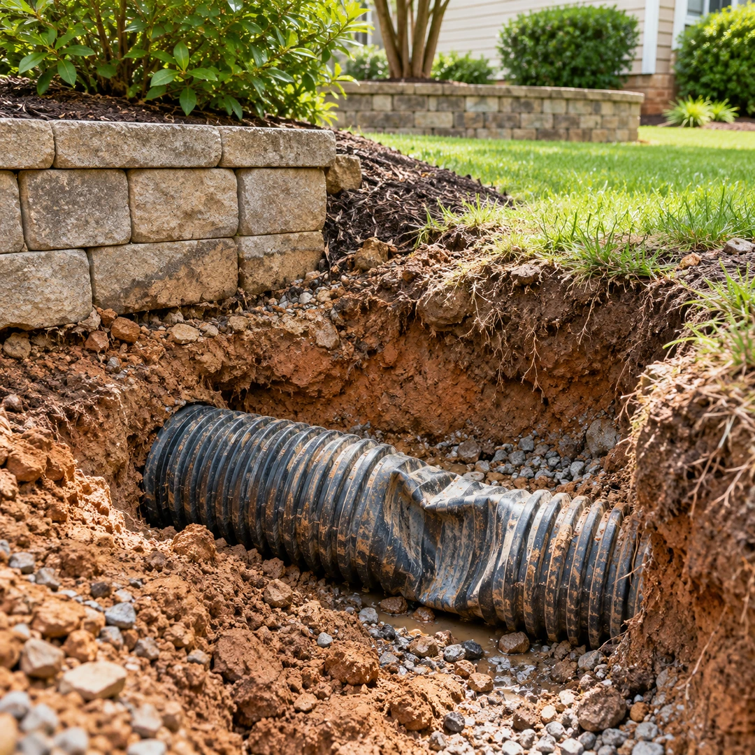 Crushed drain pipe exposed in a repair excavation