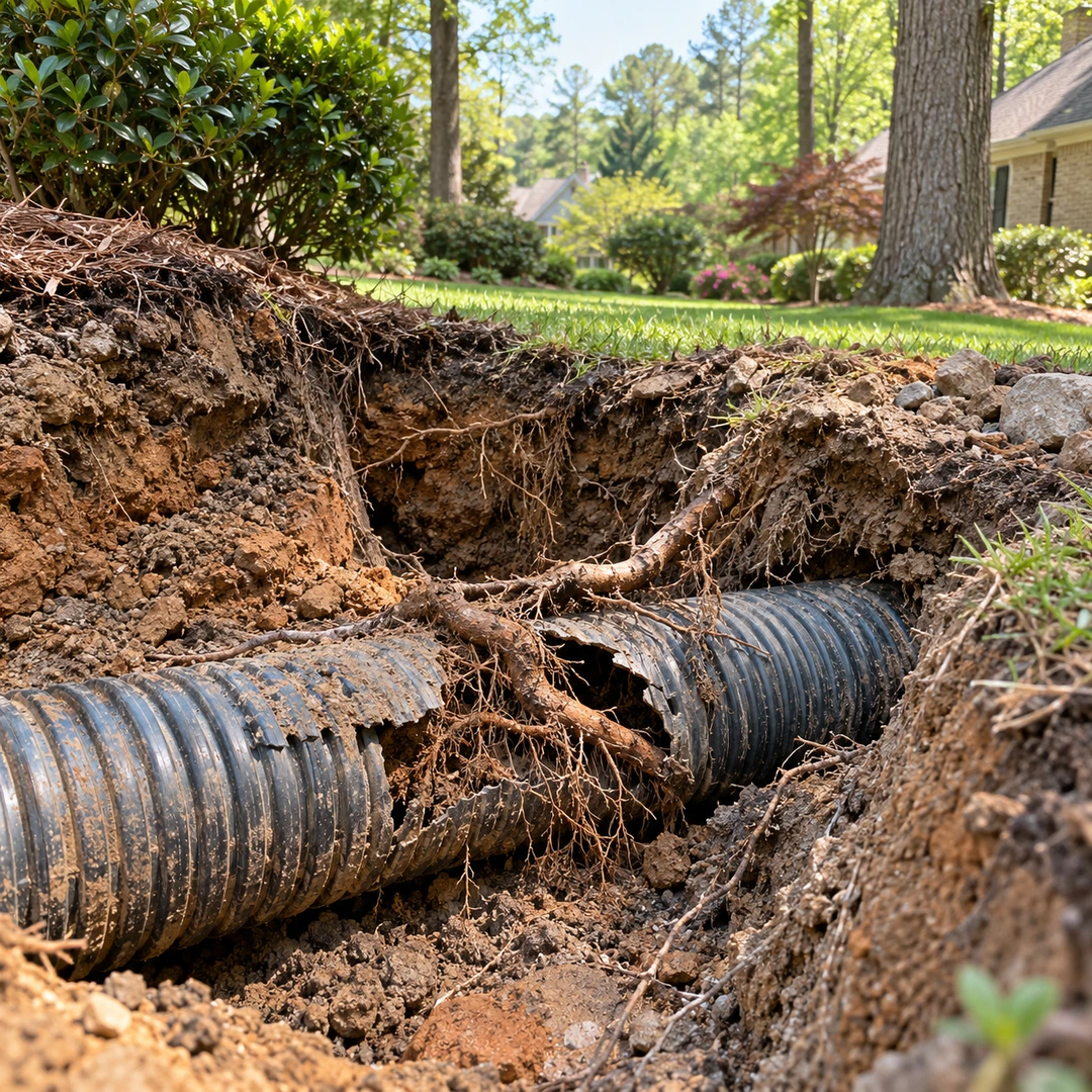 Damaged drain pipe and roots in a repair trench