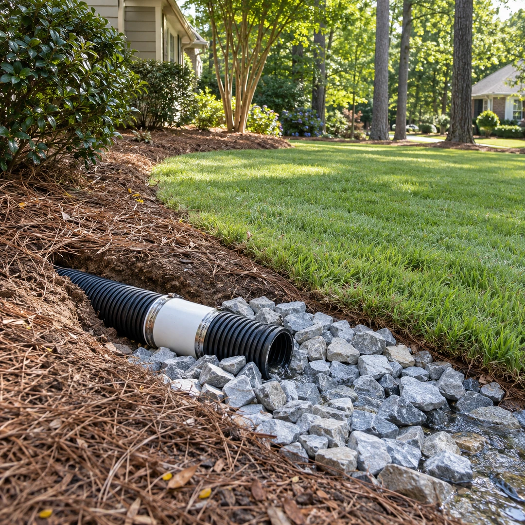 Repaired pipe coupling beside a stone protected outlet