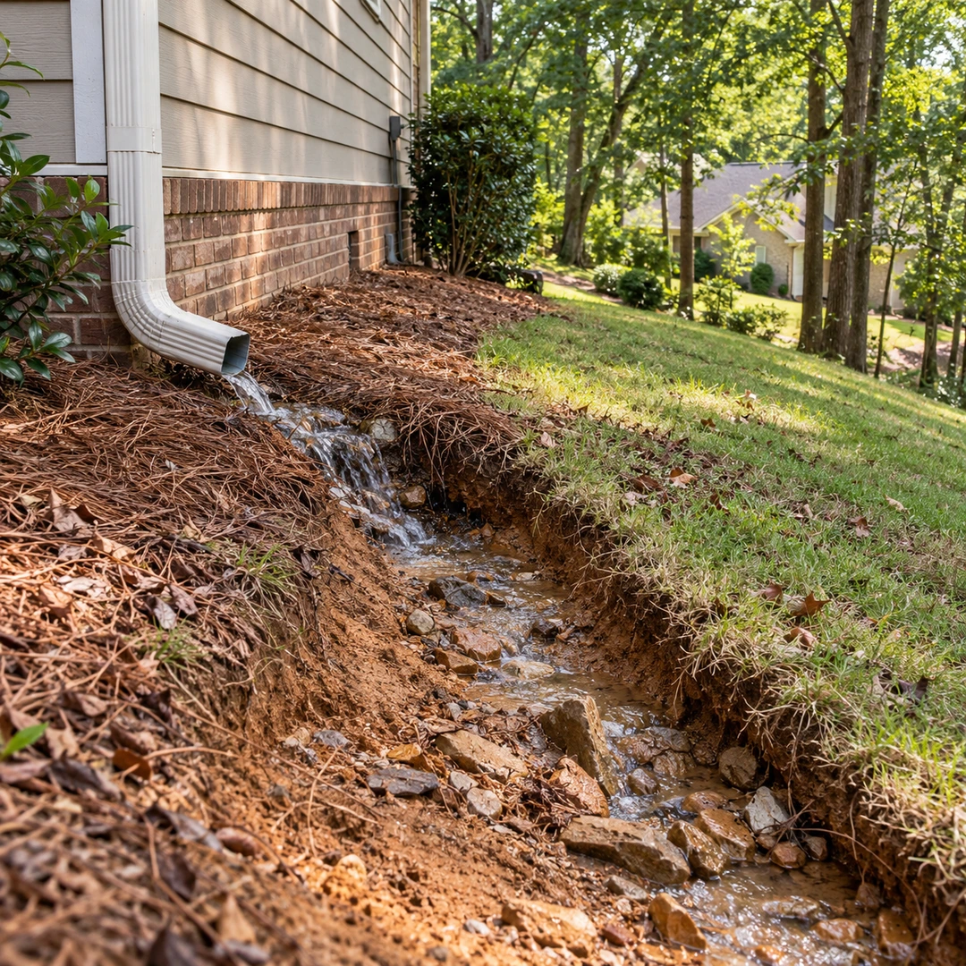 Downspout runoff crossing a sloped side yard