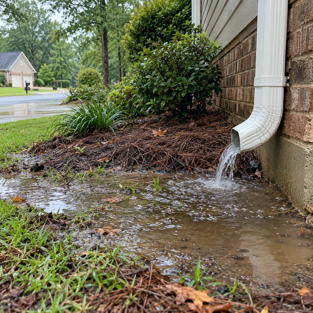 Water pooling beside a downspout and foundation