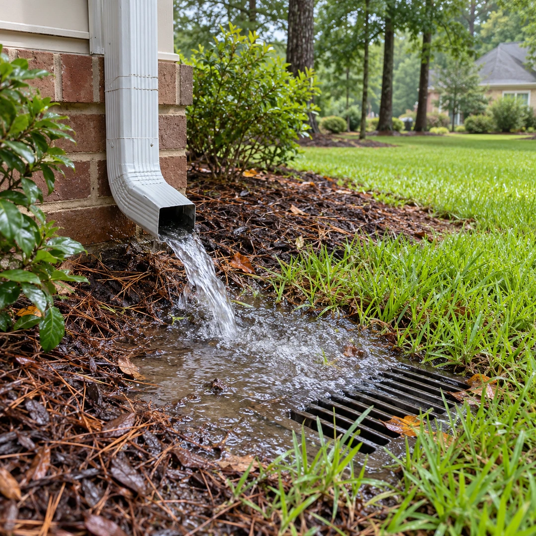 Downspout runoff beside a drain grate and lawn