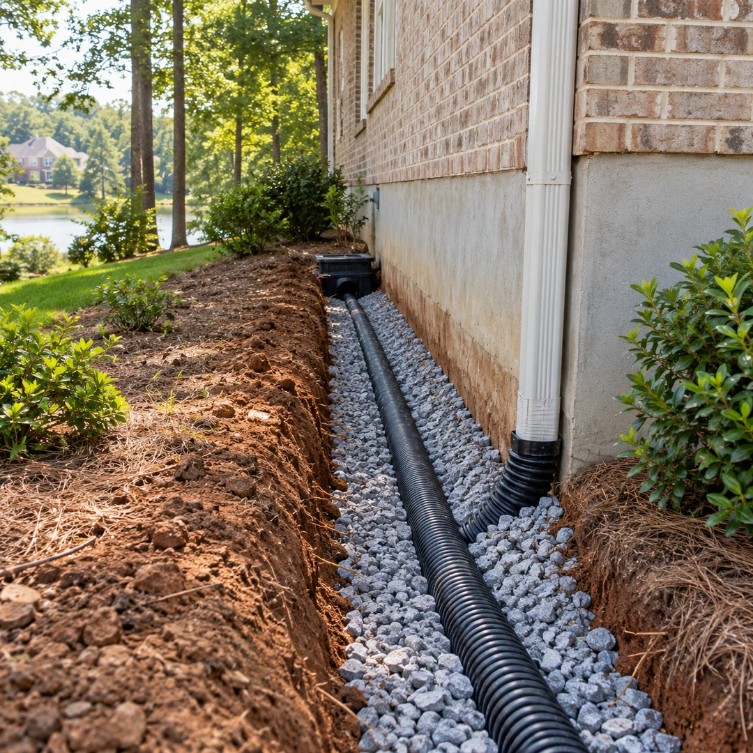 Drainage trench with gravel and pipe beside a foundation