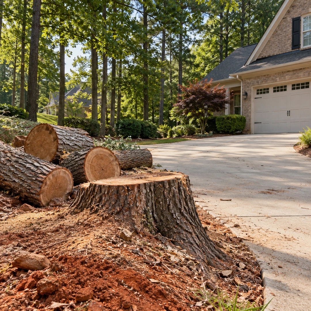 Tree stump and cut logs beside a driveway