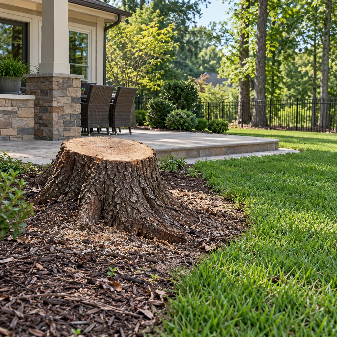 Low stump beside a residential patio