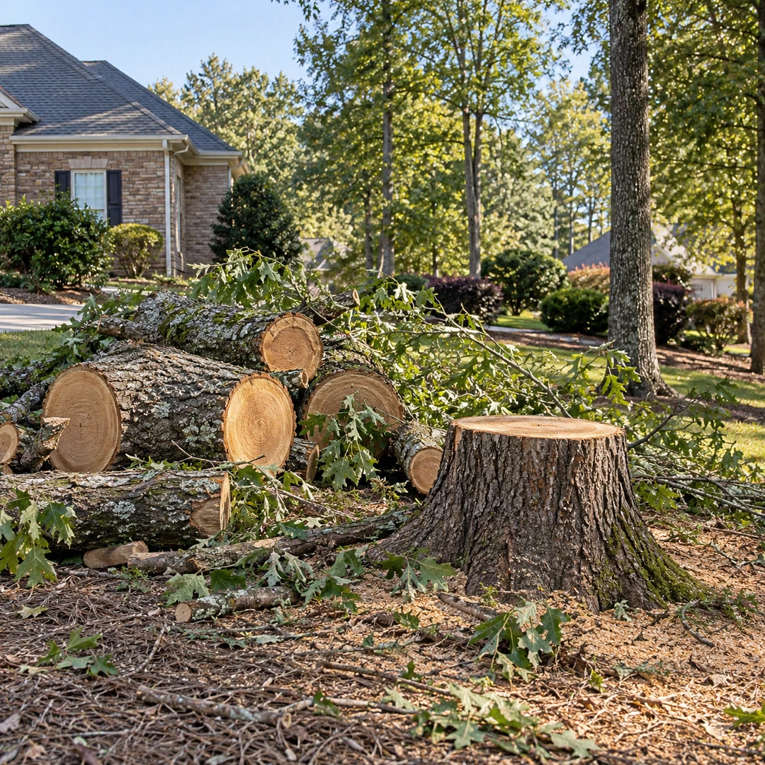 Cut logs and branches beside a remaining stump