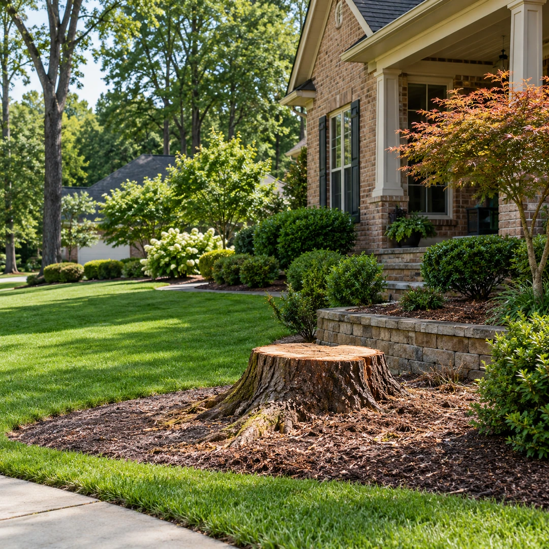 Remaining stump beside a landscaped residential lawn