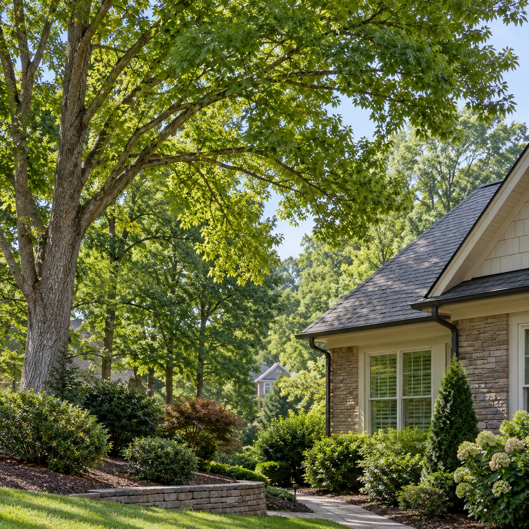 Leafy canopy beside a house roof