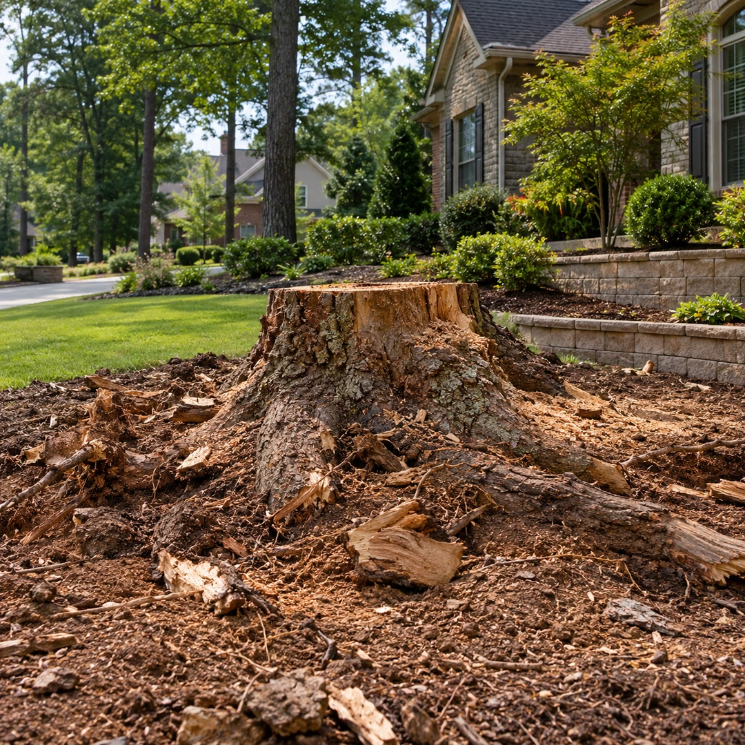 Exposed stump roots and wood fragments
