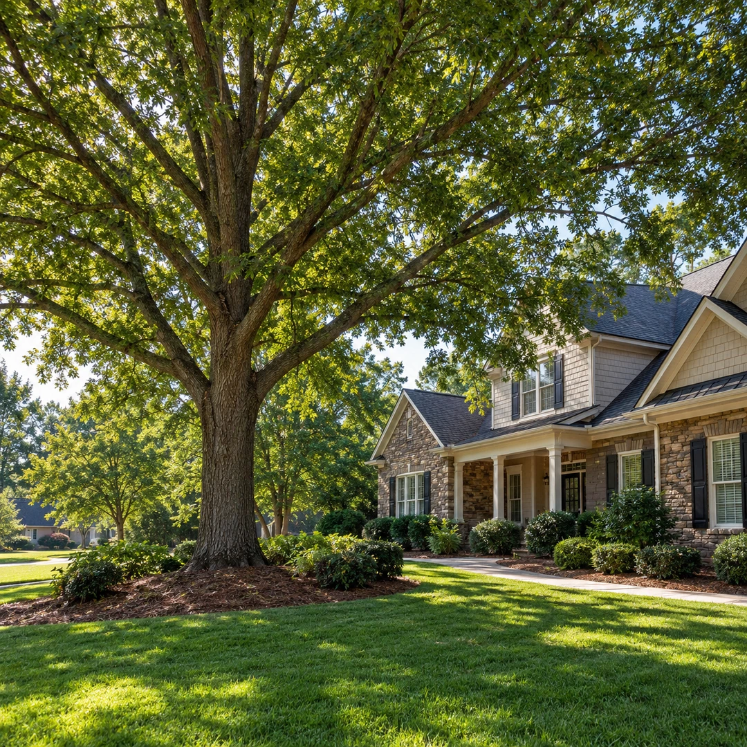 Broad natural tree crown above a lawn
