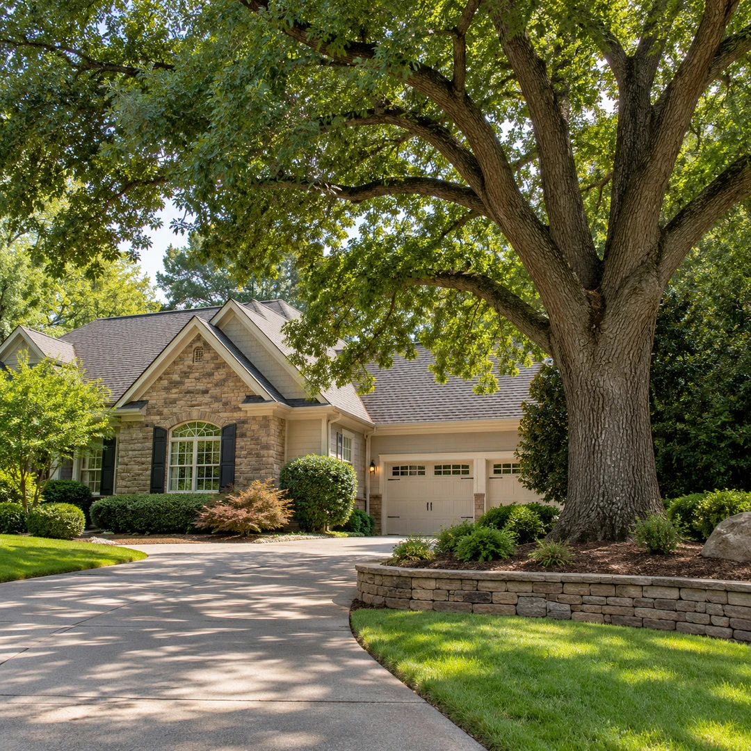 Intact mature tree beside a driveway