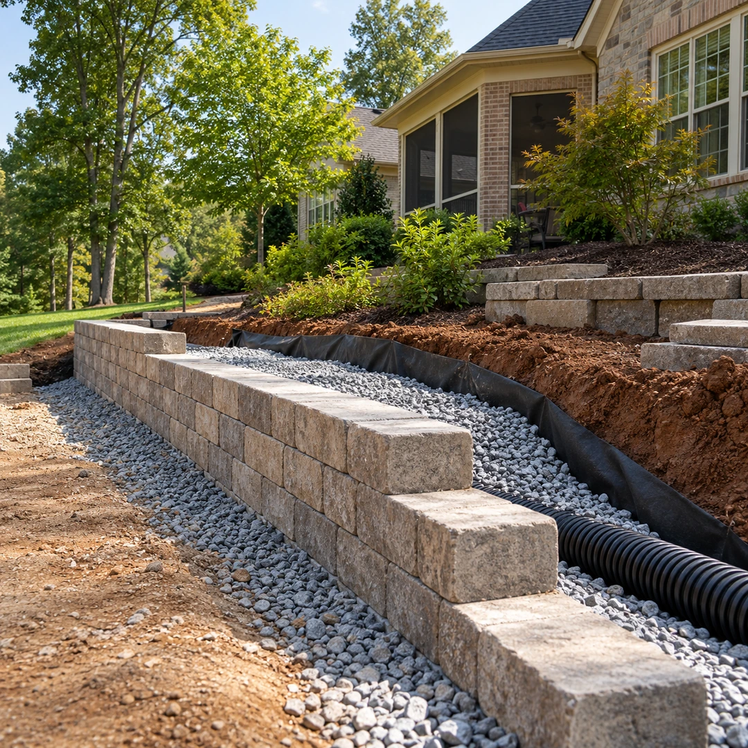 Low wall construction with gravel backfill and drain pipe