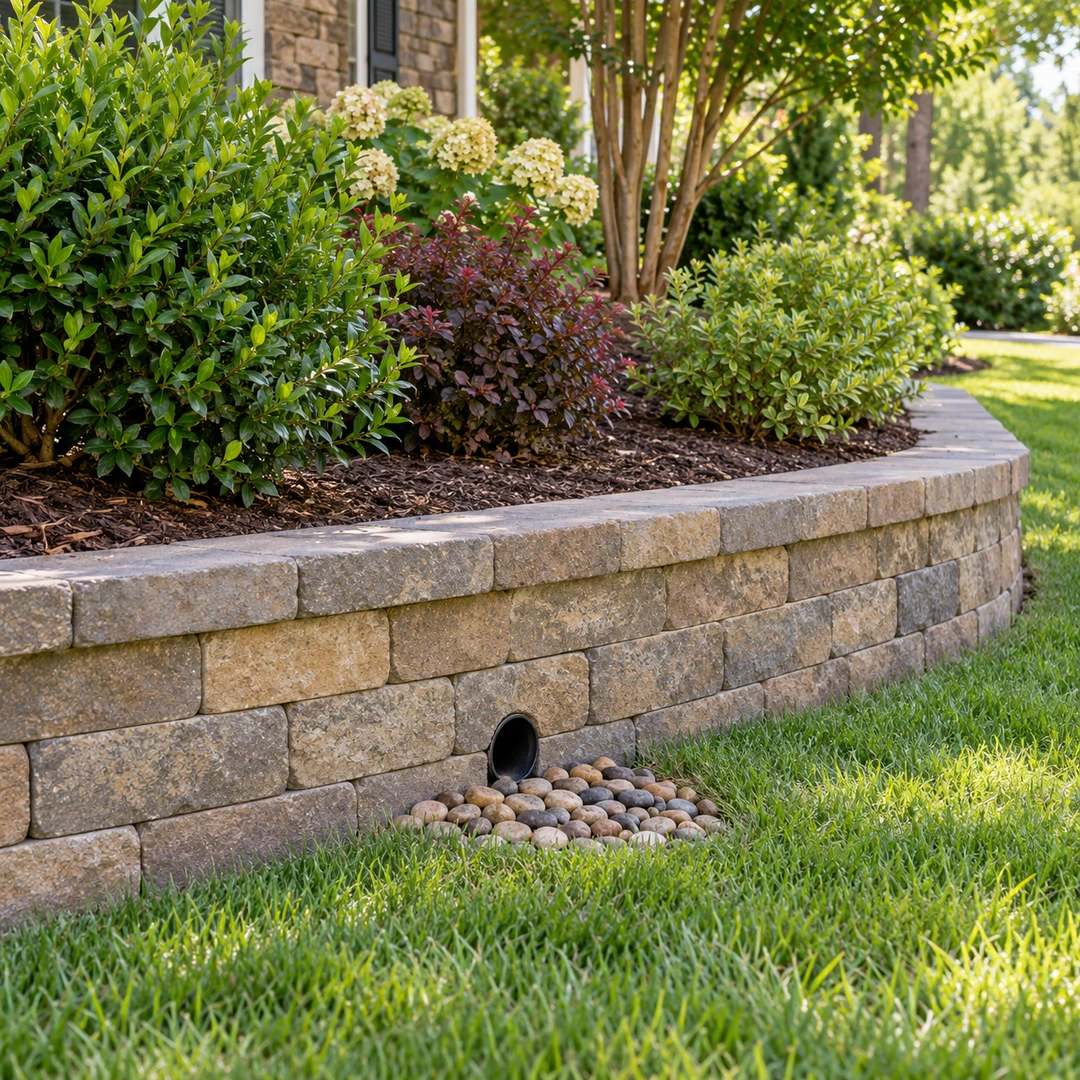 Finished low landscape wall with an open drainage outlet and stone protection